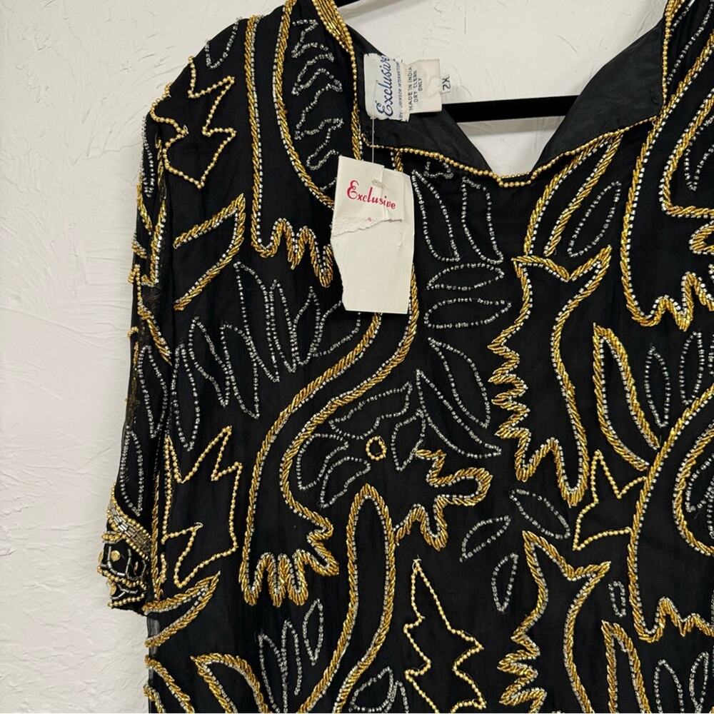 Vintage Black Silk Fully Beaded Formal Blouse Womens 2X Gold & Silver Glam - Picture 10 of 12
